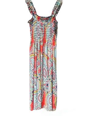 Win Win Paisley Smocked Midi Dress Multicolor Boho Sleeveless Size S-M